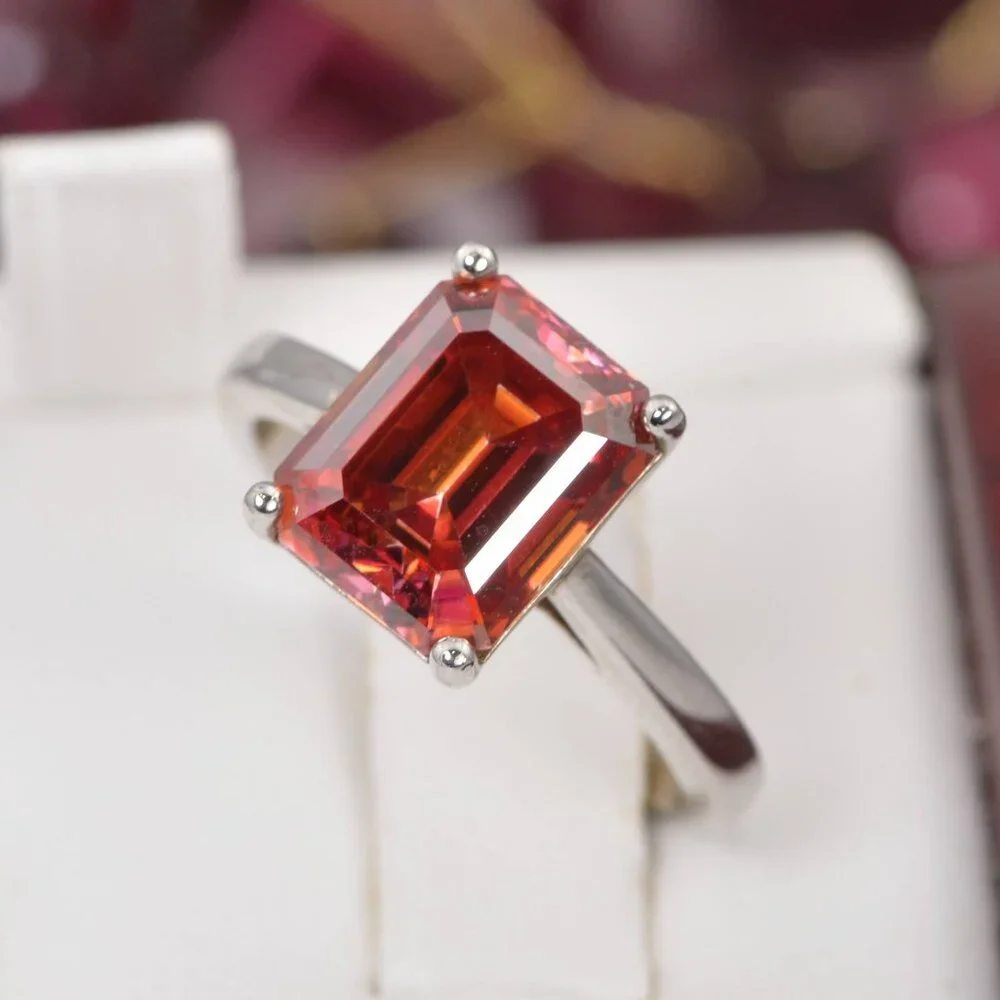 Certified 4.0 ct Red Moissanite Emerald Cut Wedding Engagement Ring